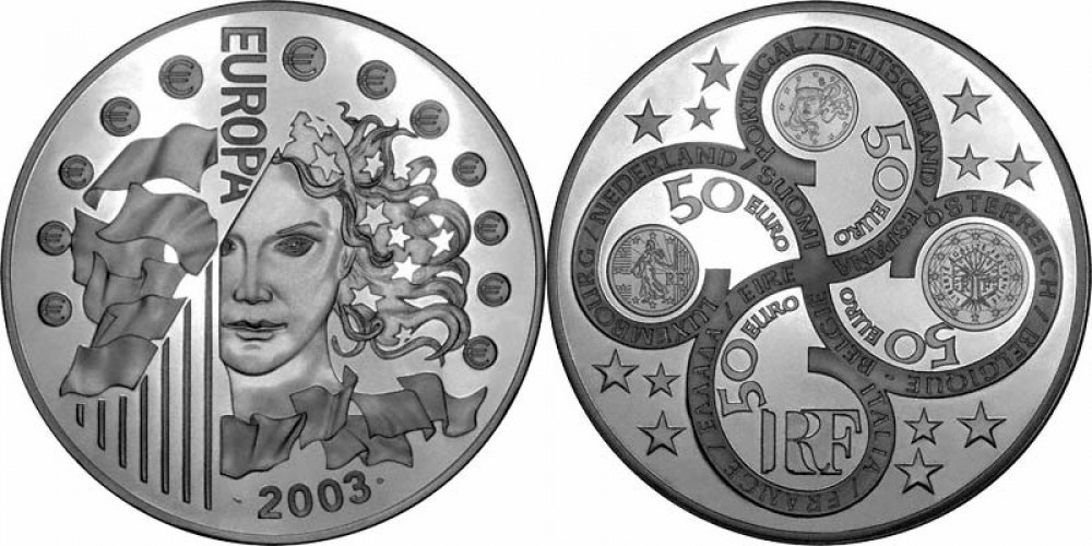 Памятная серебряная монета Франции - Первая годовщина евро, 2003 г.в.