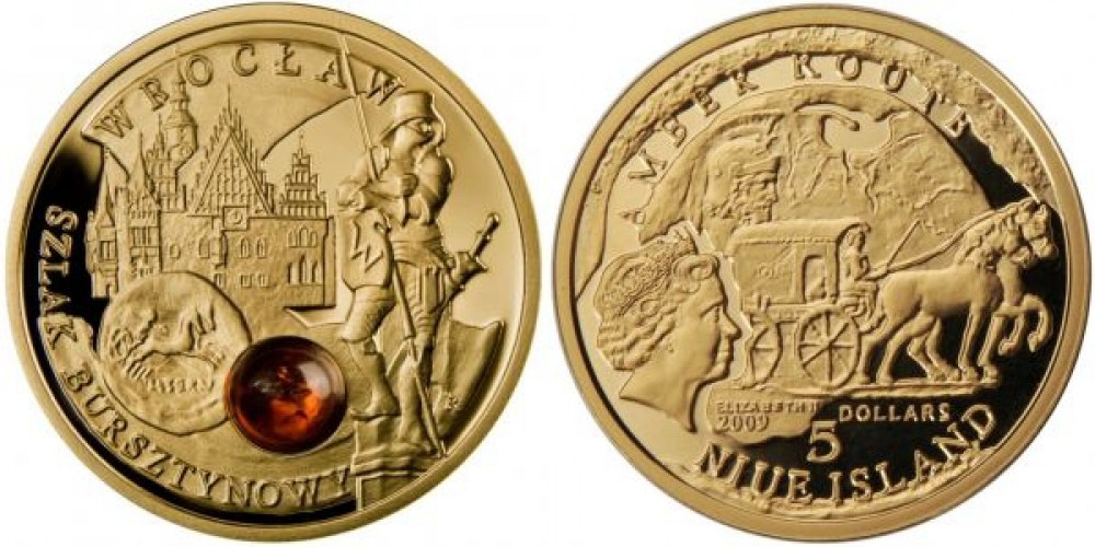 Золотая монета Ниуэ - "Вроцлав" из серии "Янтарный путь", 2009 г.в.